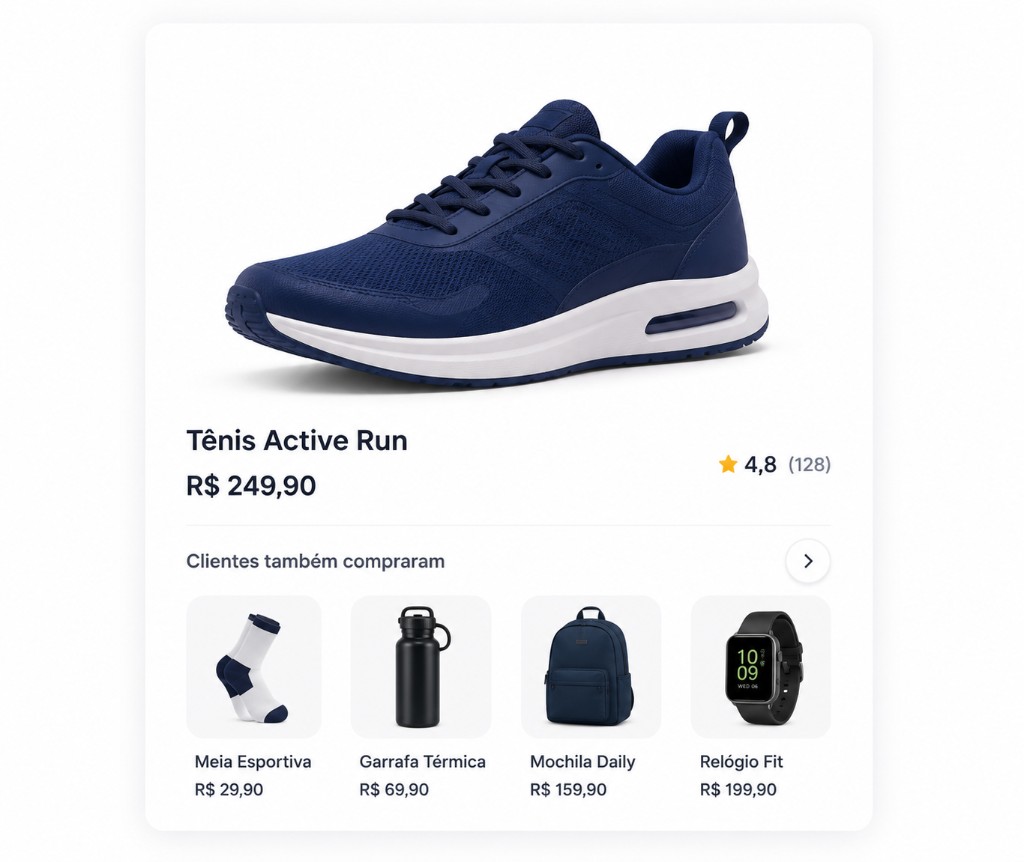 Demonstração de recomendações: Tênis Active Run com produtos relacionados sugeridos pela IA